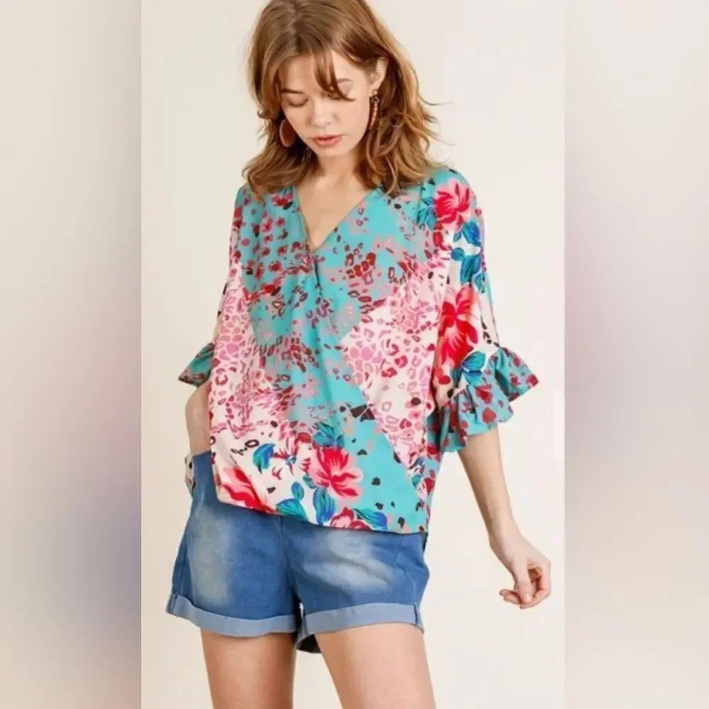 Umgee Floral Animal Mixed Print Ruffle Sleeve V-Neck Crossbody Top